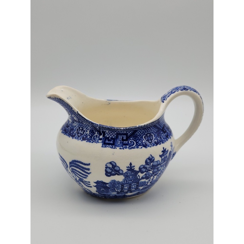 Vintage Blue Willow Creamer White Blue Birds Unmarked Ceramic